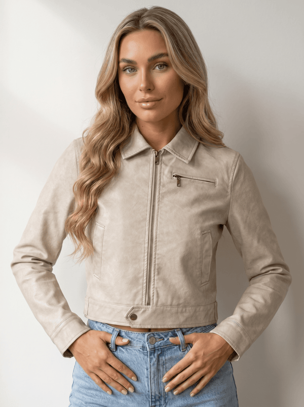 Beige Cropped Suede-Finish Bomber Jacket