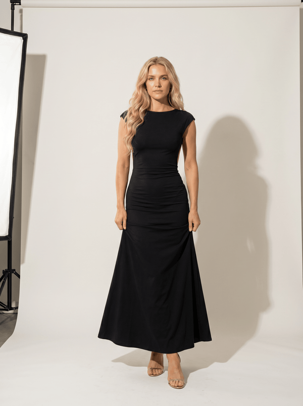 Black Cap-Sleeve Scoop-Back Maxi Dress