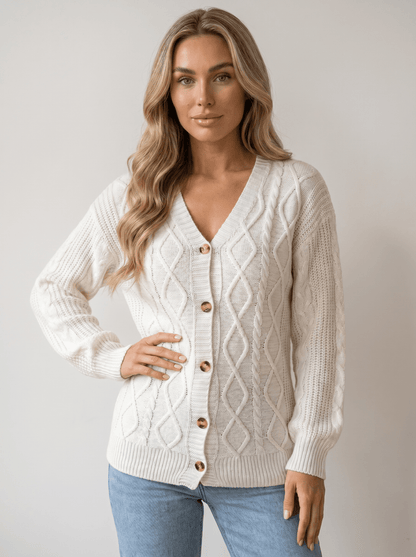 Cable Knit Button-Front Cardigan - vencé