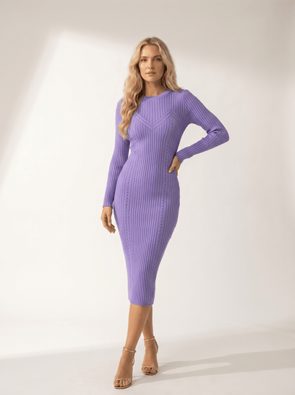 Cable-Knit Long-Sleeve Bodycon Midi Dress - vencé
