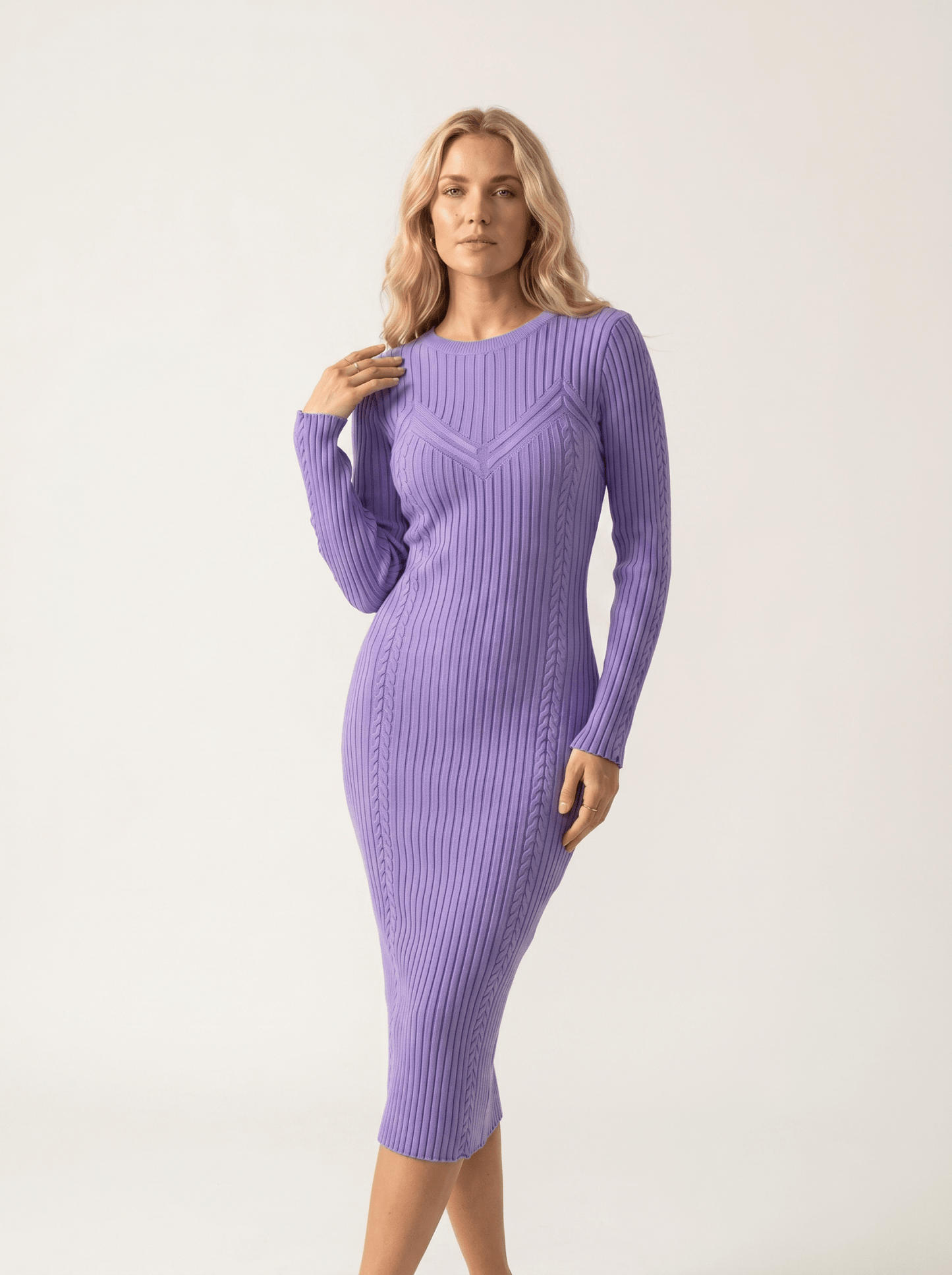 Cable-Knit Long-Sleeve Bodycon Midi Dress - vencé