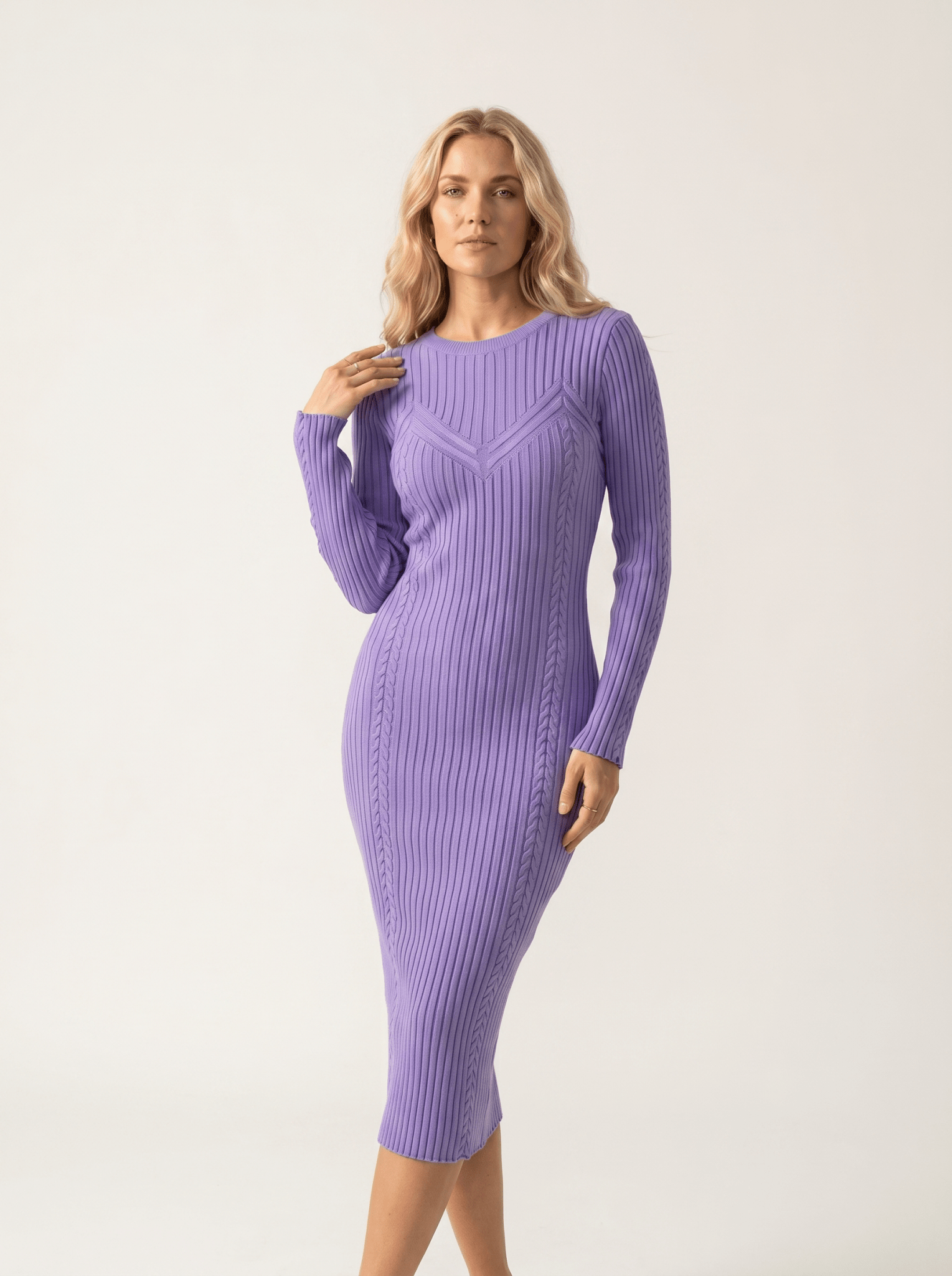 Cable-Knit Long-Sleeve Bodycon Midi Dress - vencé