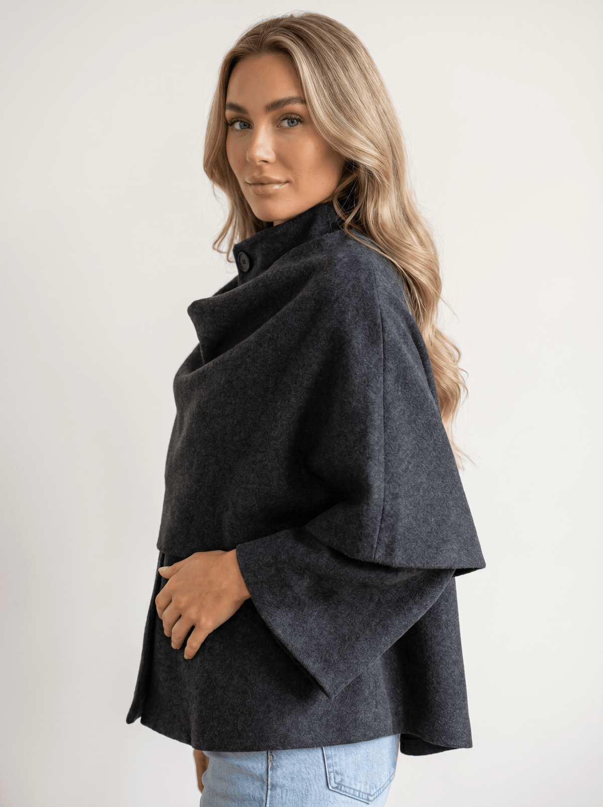 Charcoal Scarf-Collar Wool Cape Coat - vencé