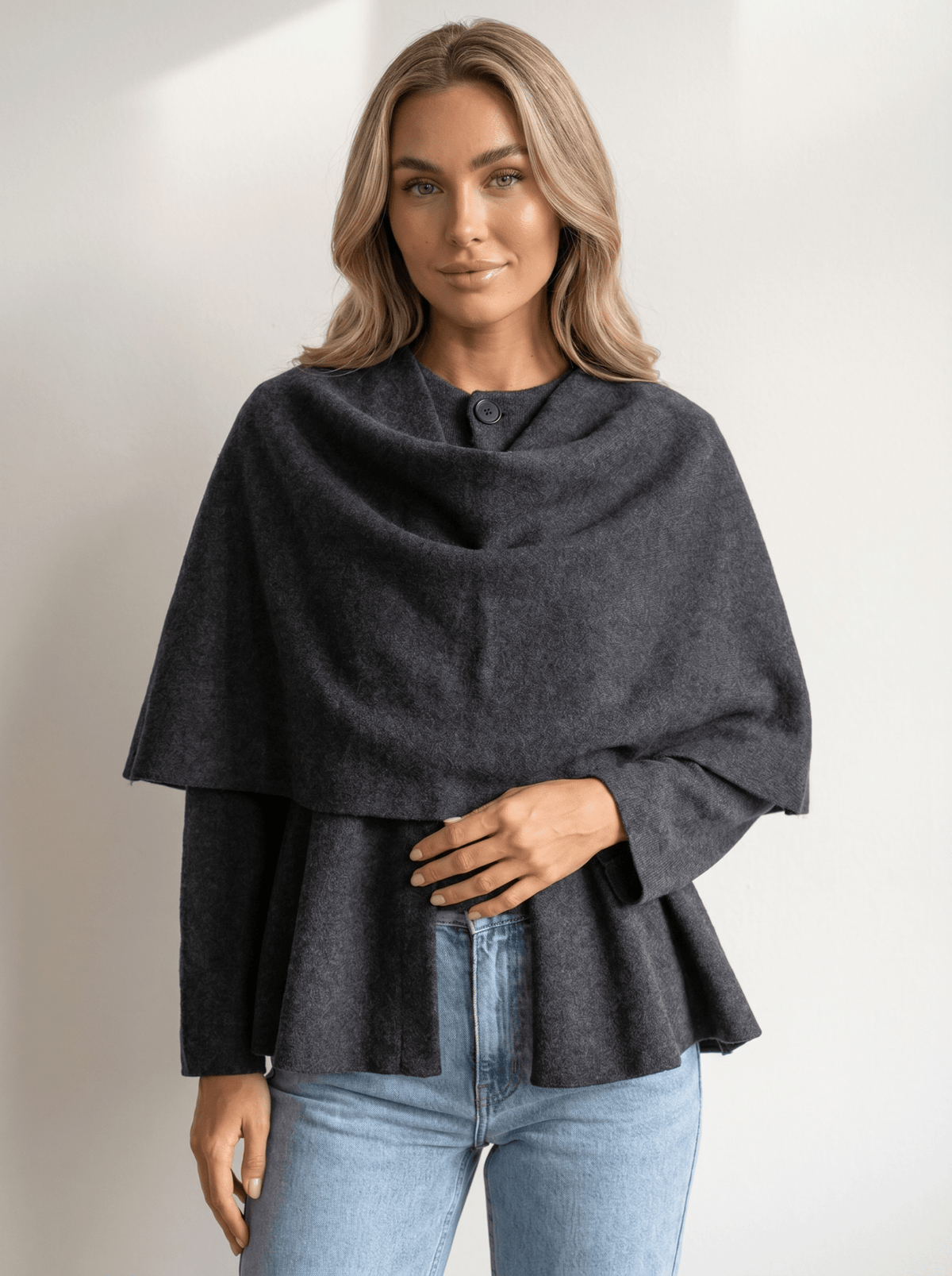 Charcoal Scarf-Collar Wool Cape Coat - vencé