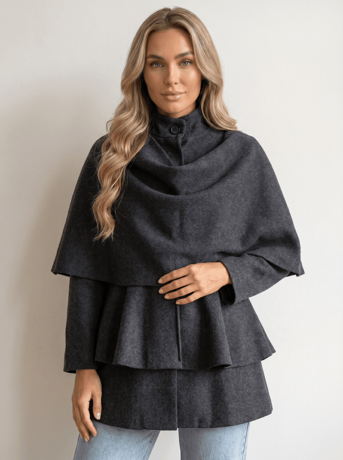 Charcoal Scarf-Collar Wool Cape Coat - vencé
