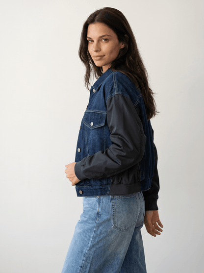Contrast - Sleeve Denim Bomber Jacket - vencé