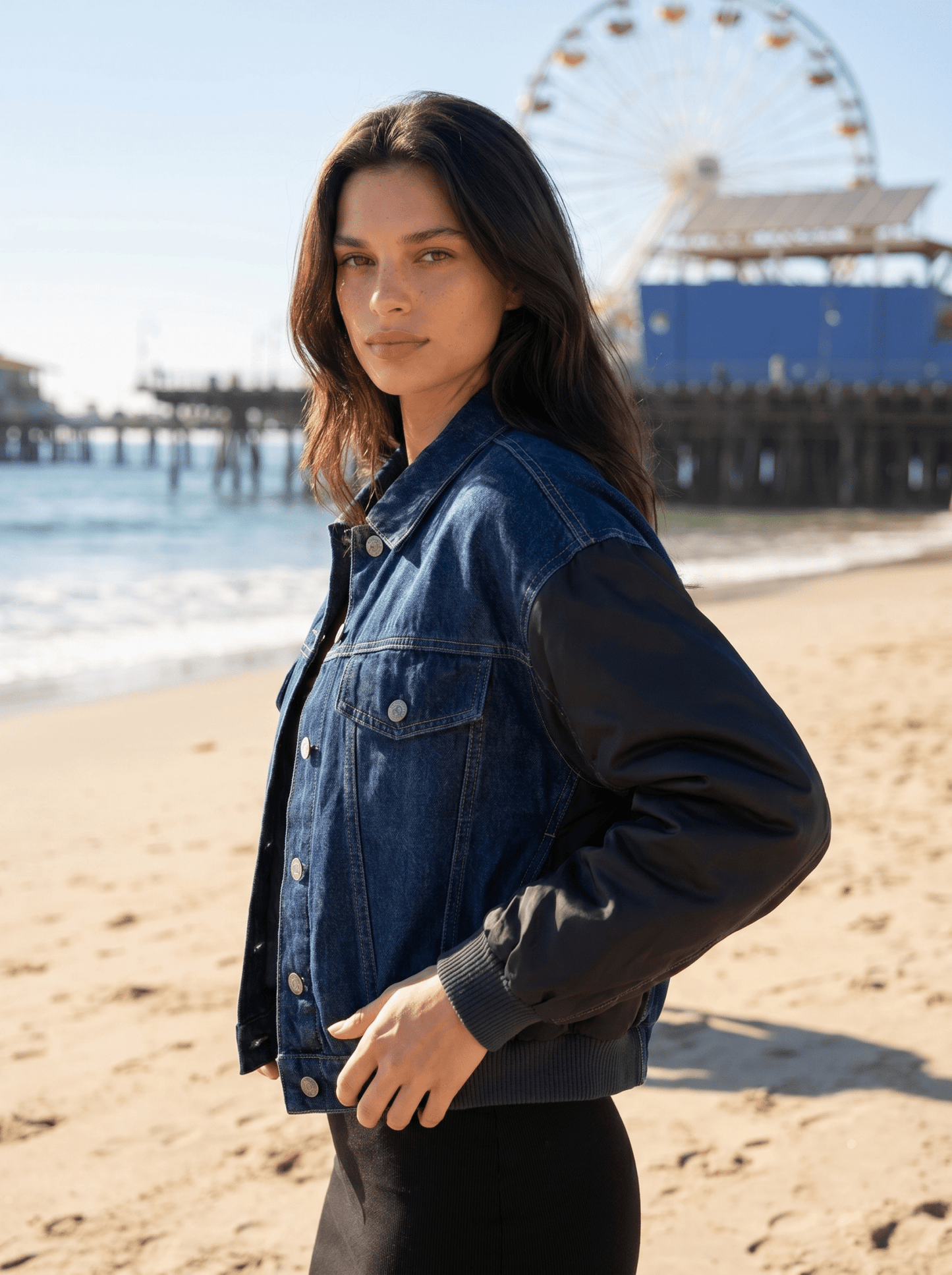 Contrast - Sleeve Denim Bomber Jacket - vencé