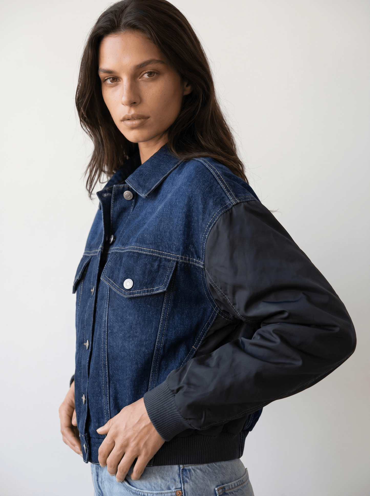 Contrast - Sleeve Denim Bomber Jacket - vencé