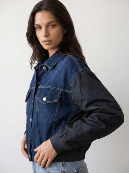 Contrast - Sleeve Denim Bomber Jacket - vencé