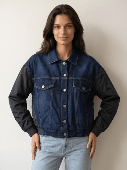 Contrast - Sleeve Denim Bomber Jacket - vencé