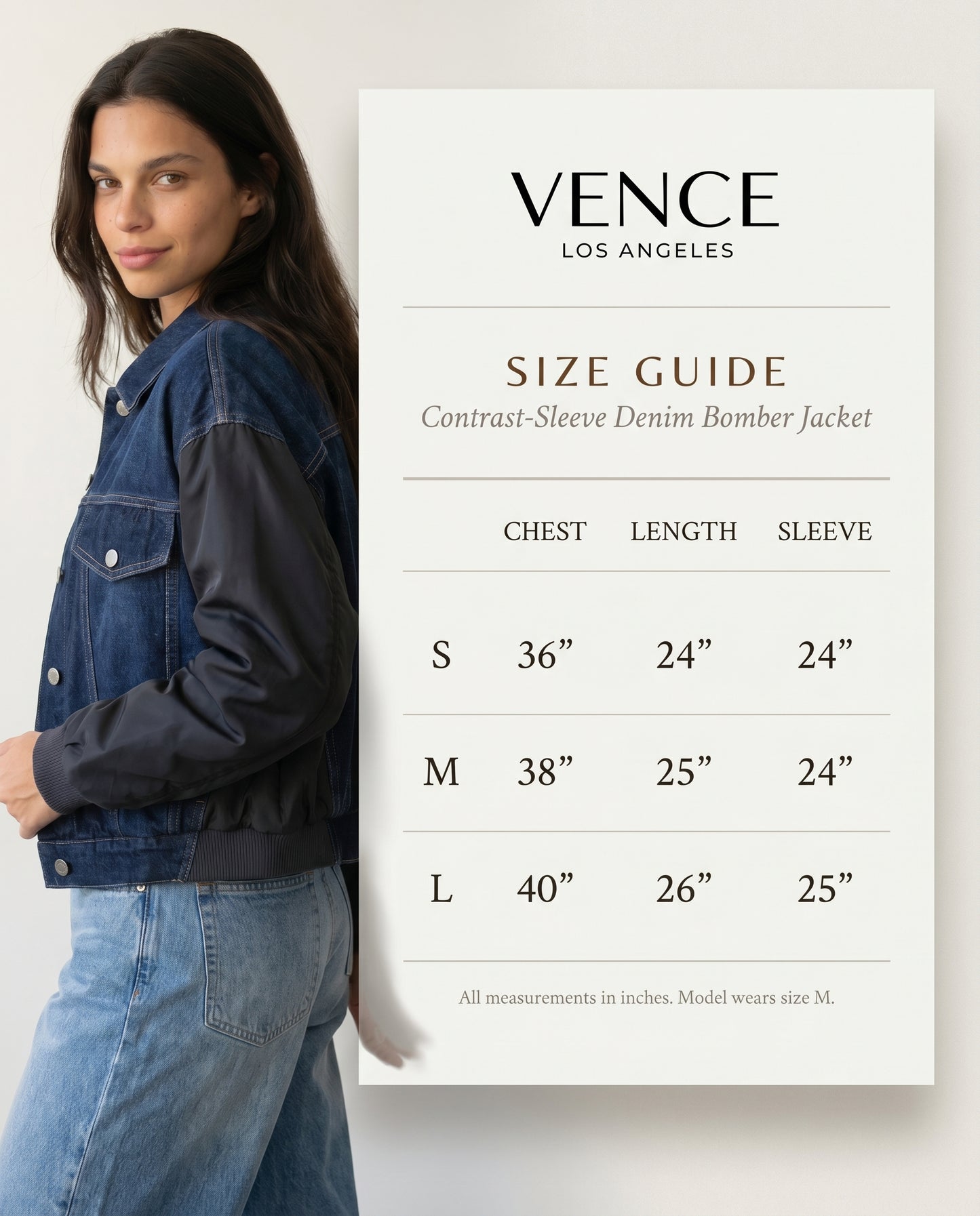 Contrast-Sleeve Denim Bomber Jacket — size guide