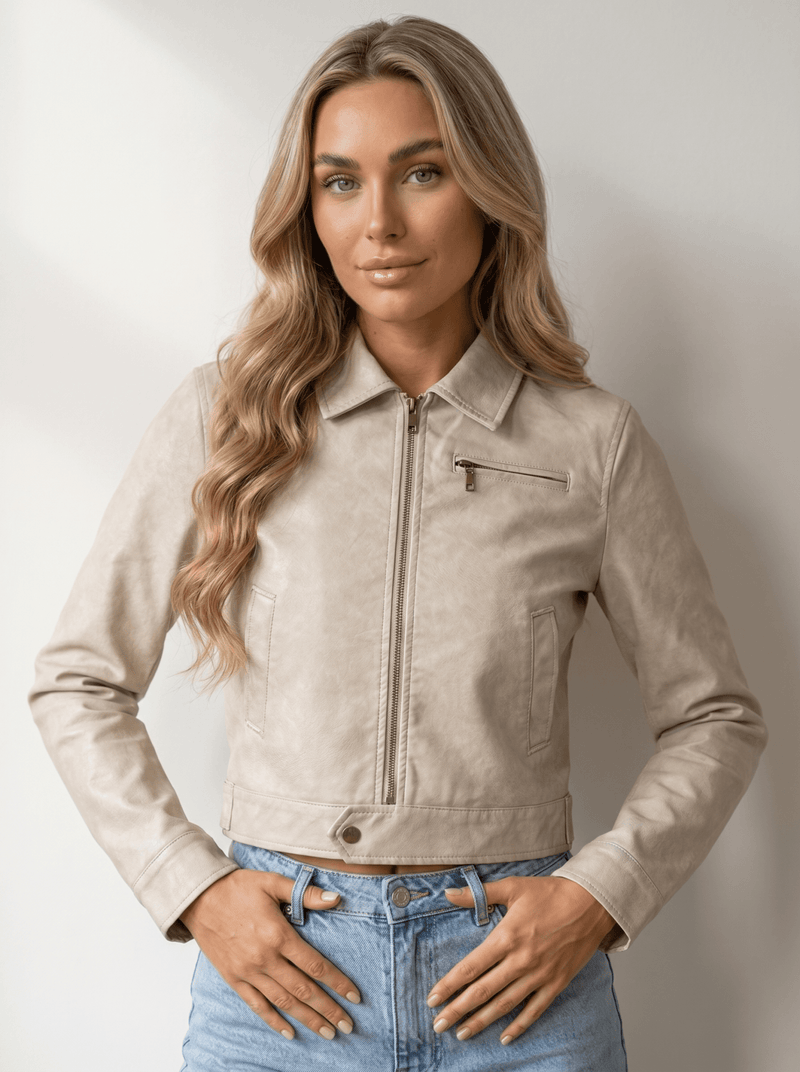 Beige Cropped Suede-Finish Bomber Jacket