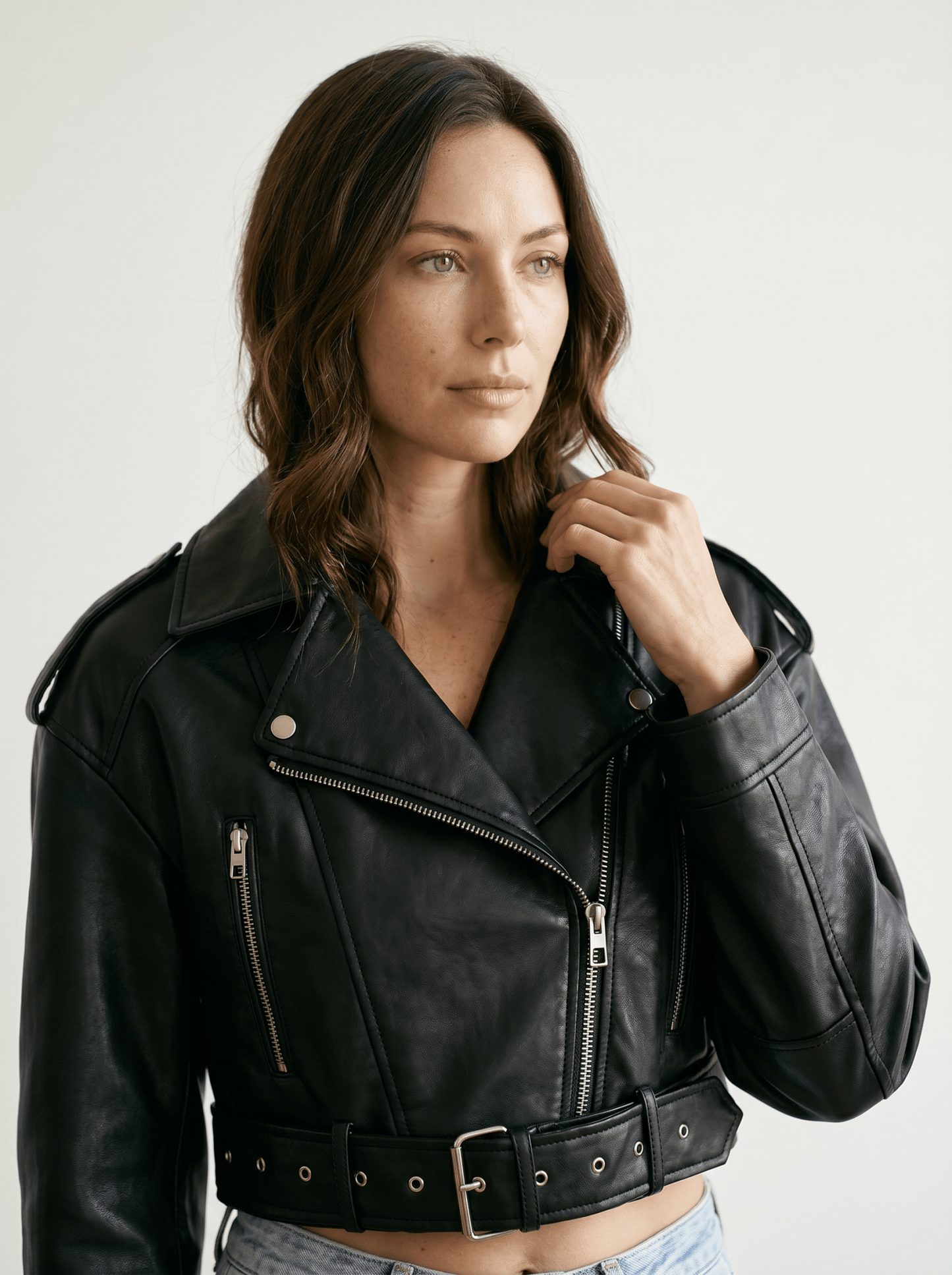 Cropped Faux Leather Biker Jacket - vencé