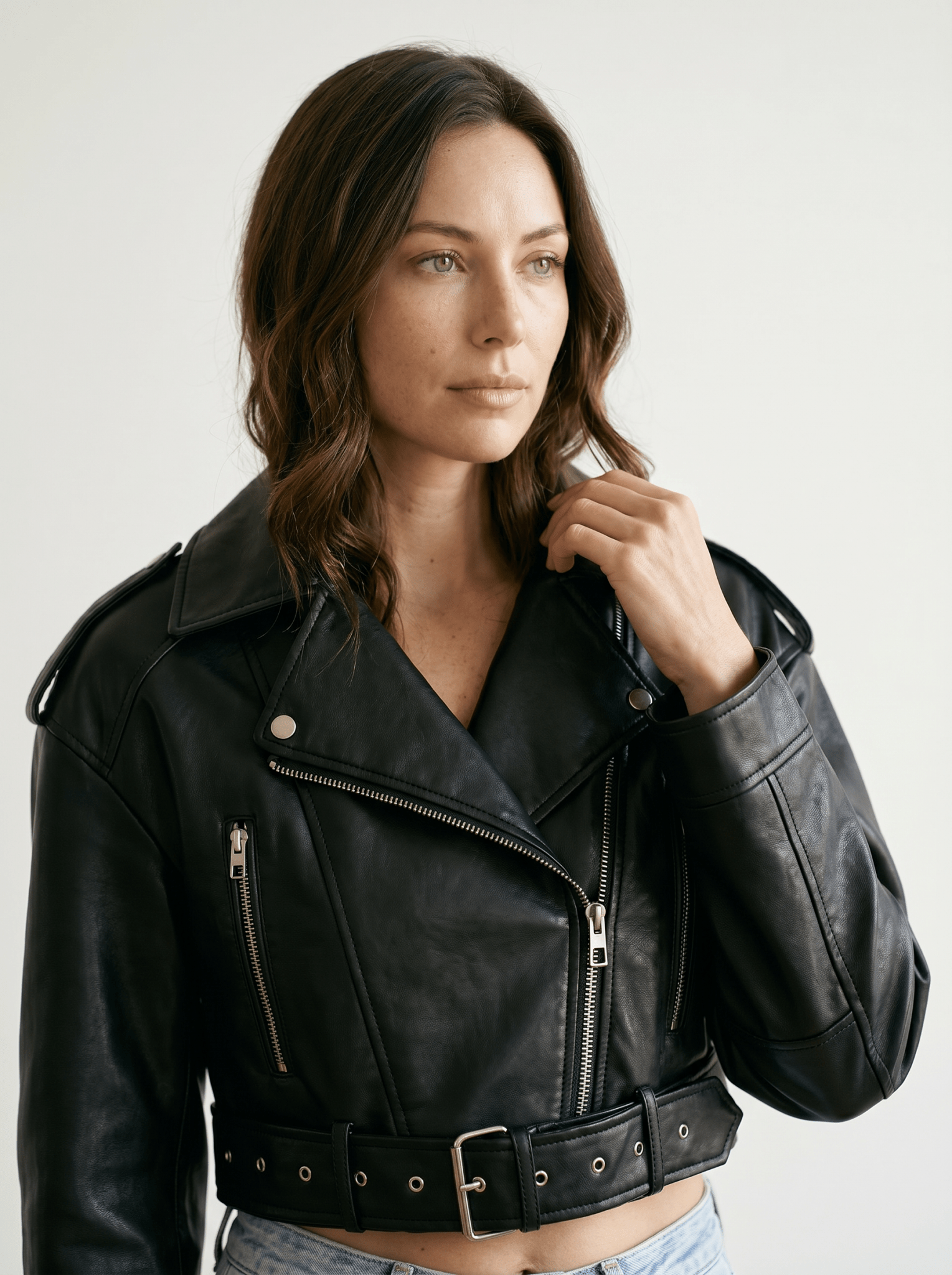 Cropped Faux Leather Biker Jacket - vencé