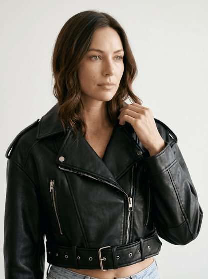 Cropped Faux Leather Biker Jacket - vencé