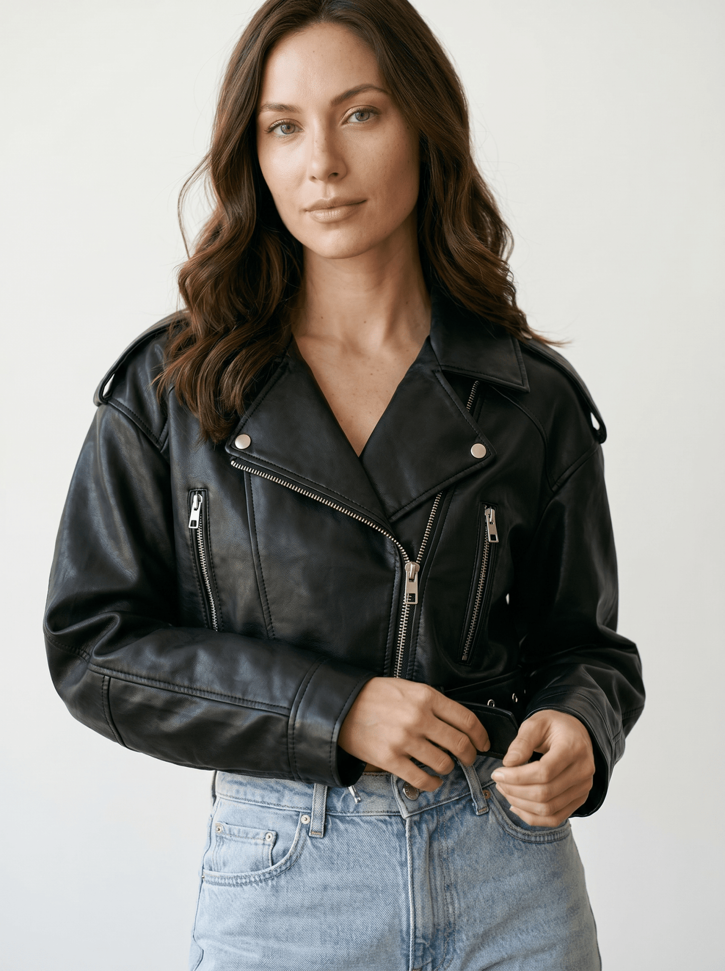 Cropped Faux Leather Biker Jacket - vencé