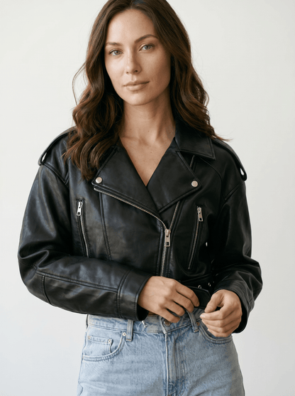 Cropped Faux Leather Biker Jacket - vencé