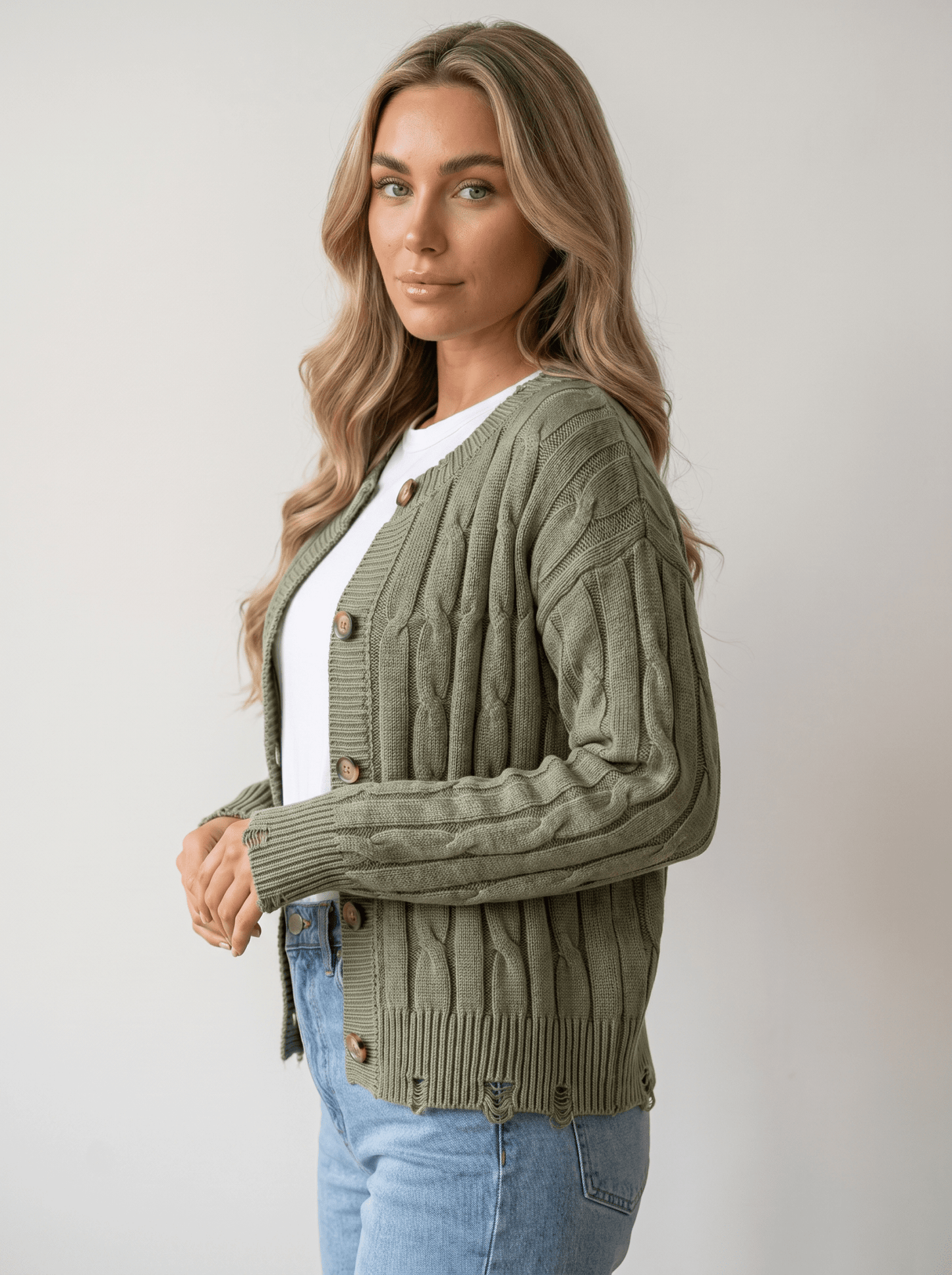 Distressed Cable Knit Cardigan - vencé