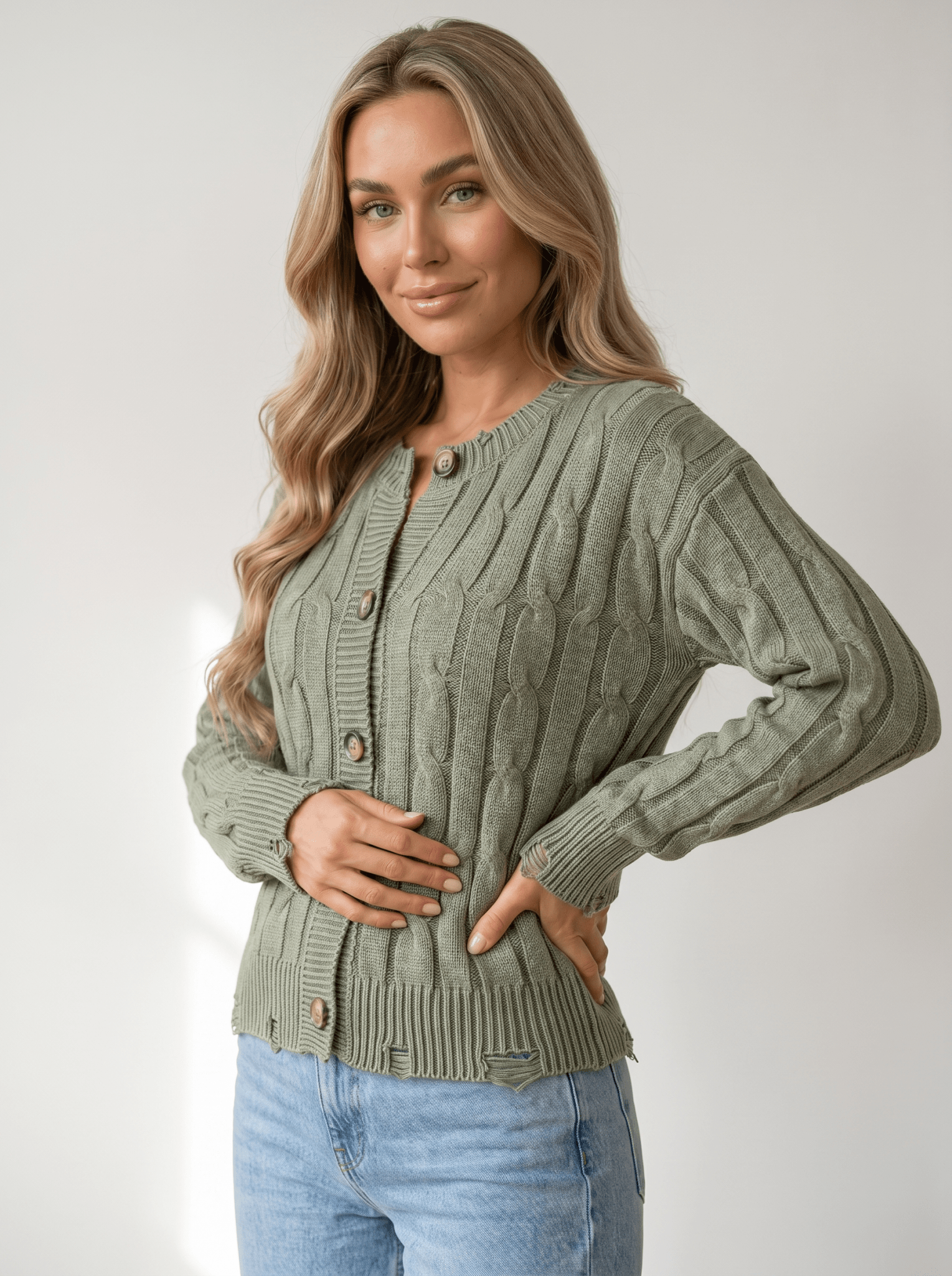 Distressed Cable Knit Cardigan - vencé