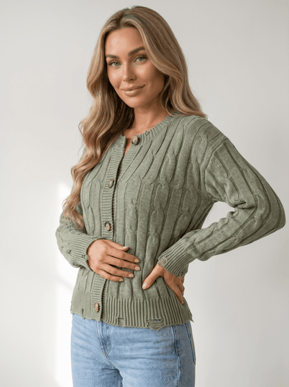 Distressed Cable Knit Cardigan - vencé