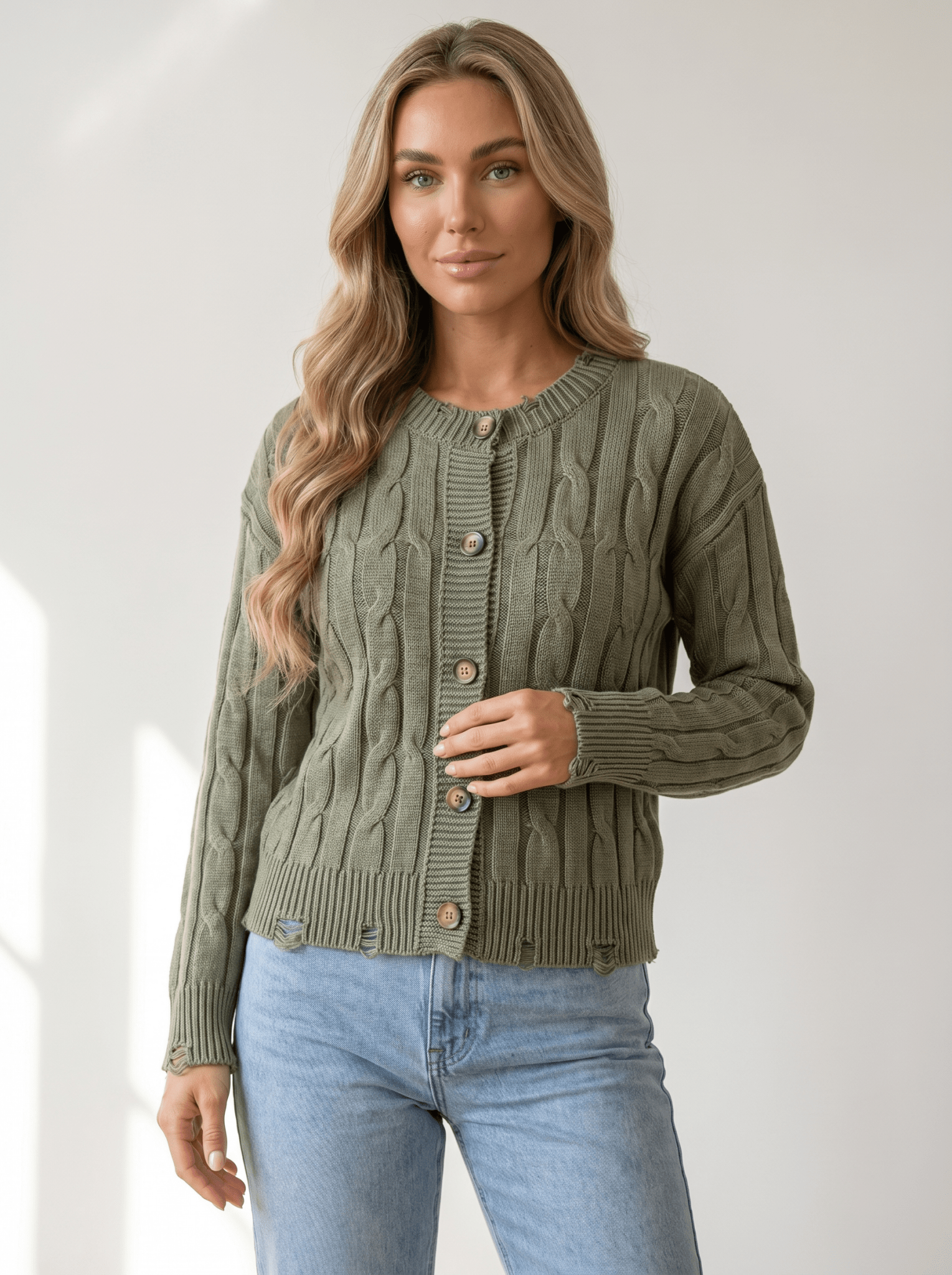 Distressed Cable Knit Cardigan - vencé