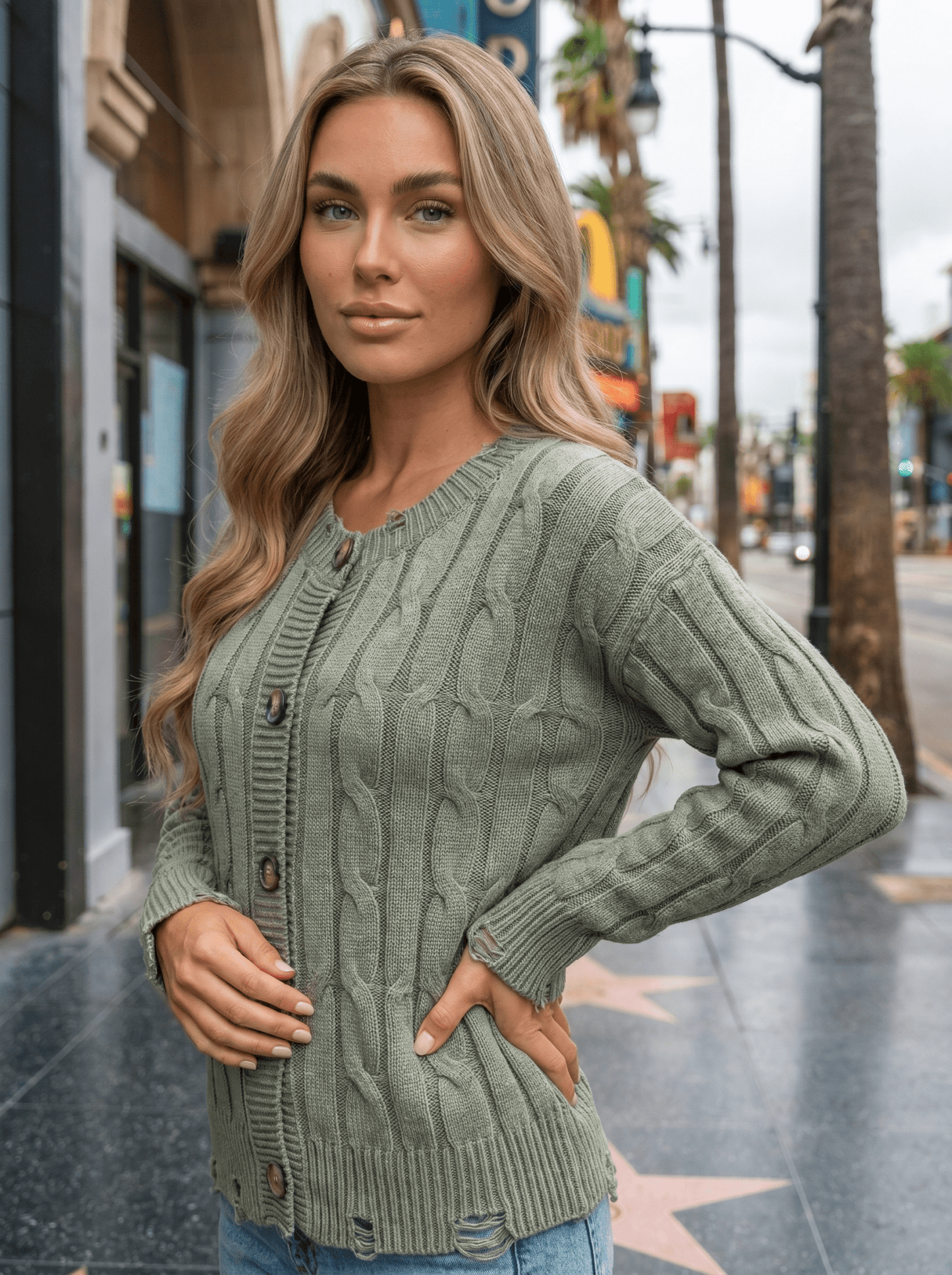 Distressed Cable Knit Cardigan - vencé