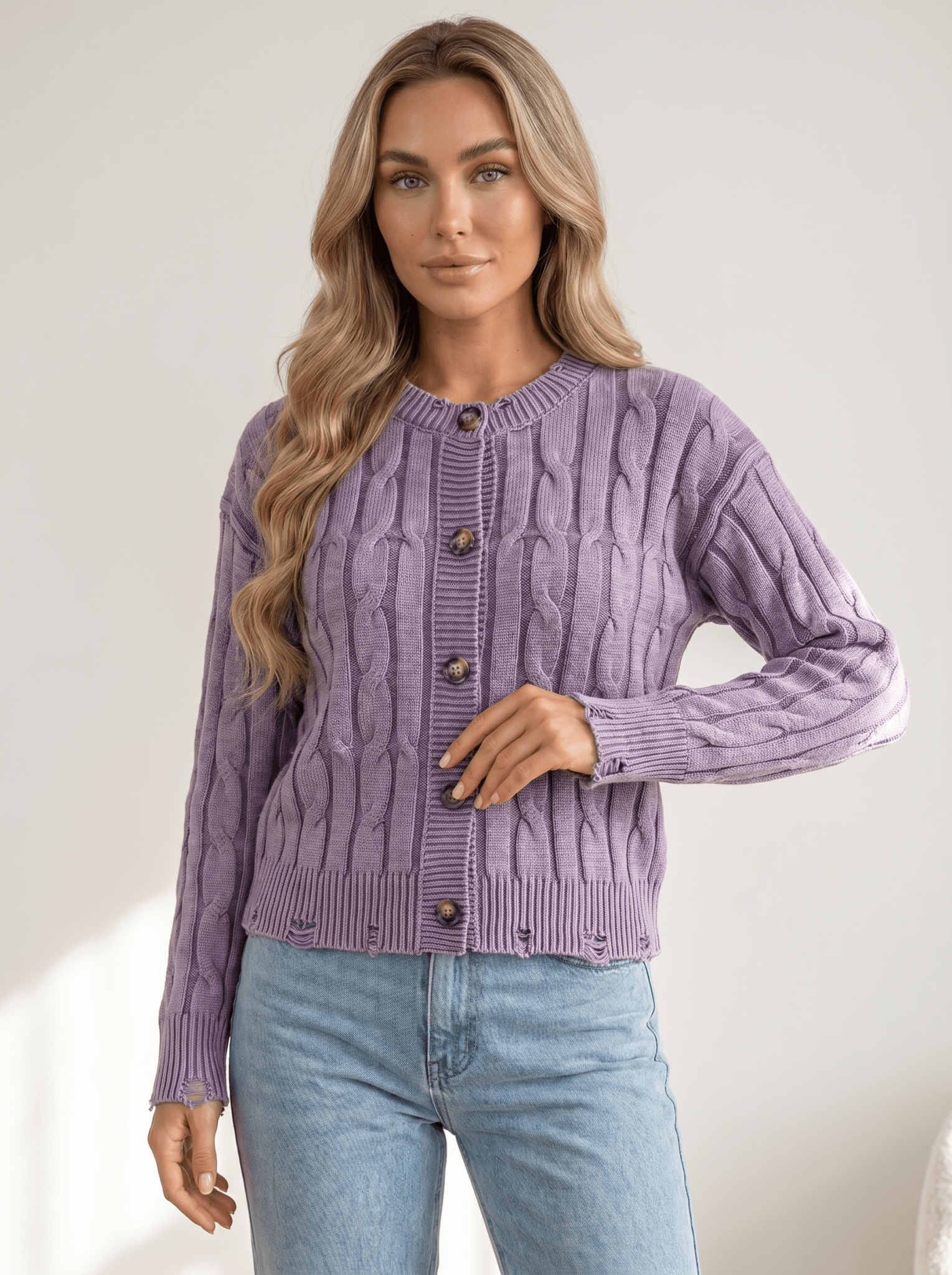 Distressed Cable Knit Cardigan - vencé