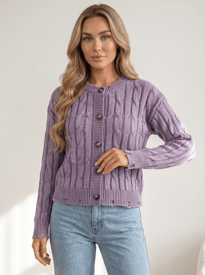 Distressed Cable Knit Cardigan - vencé