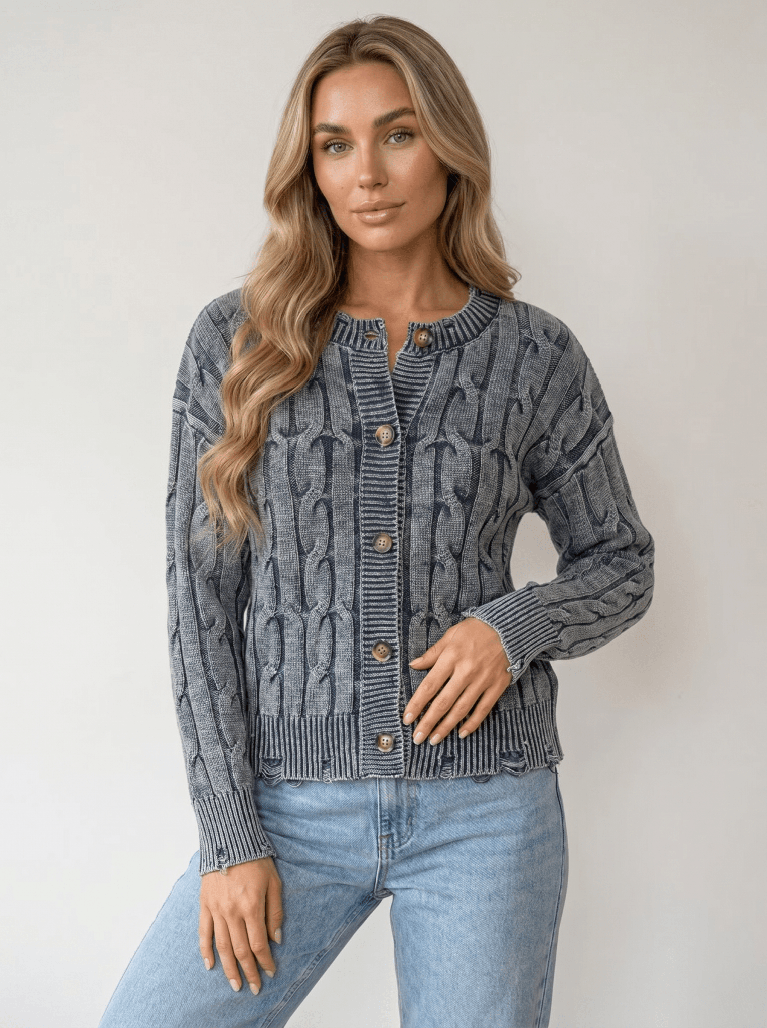 Distressed Cable Knit Cardigan - vencé