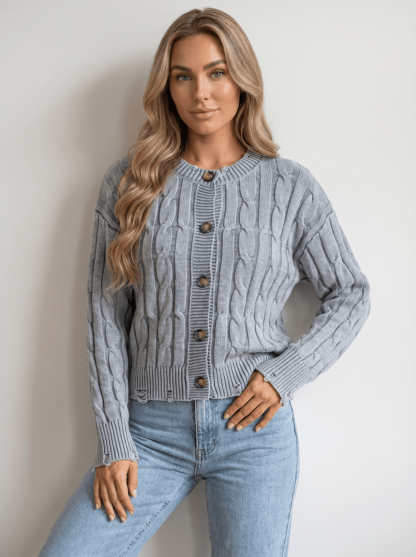 Distressed Cable Knit Cardigan - vencé