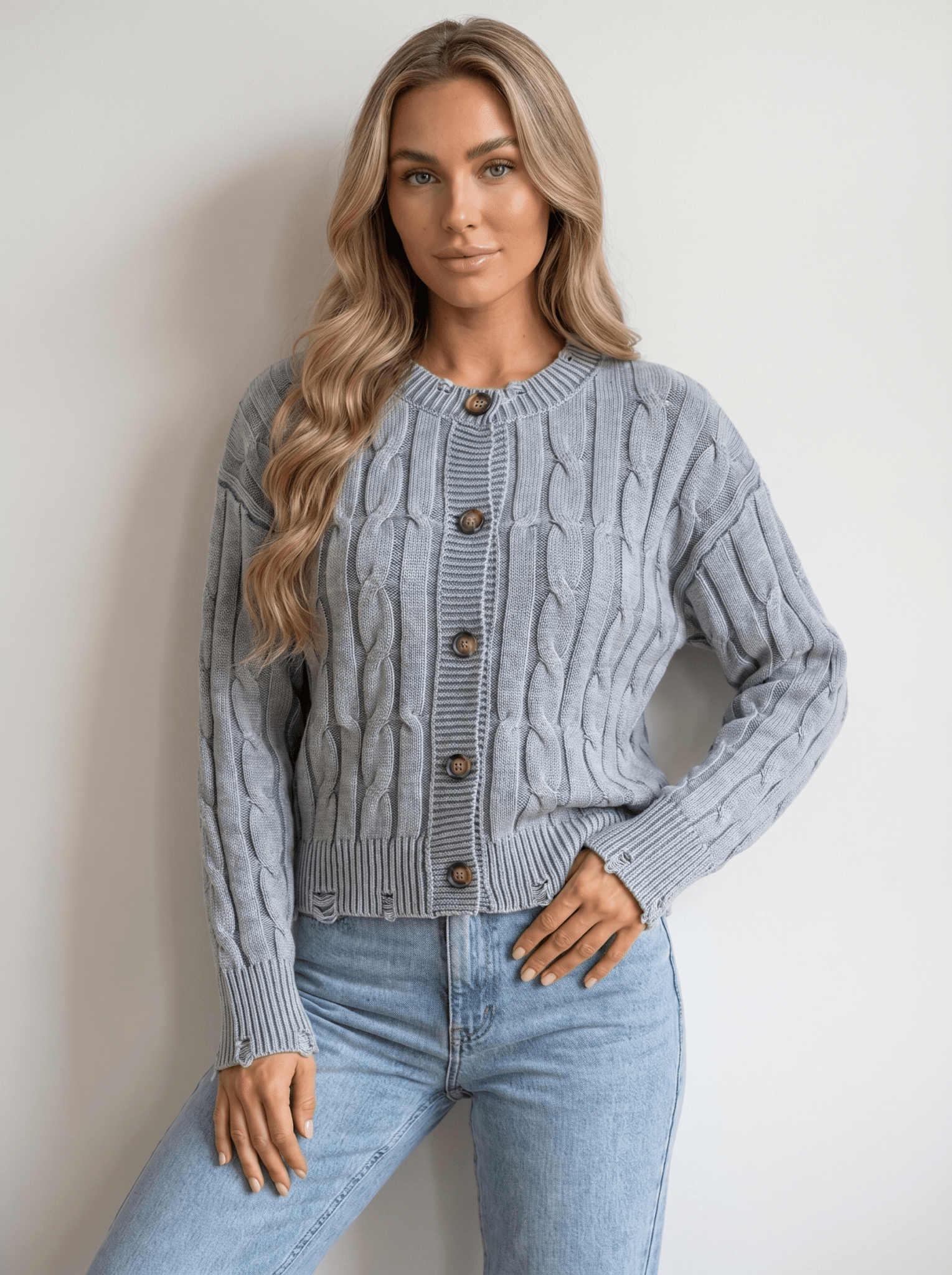 Distressed Cable Knit Cardigan - vencé