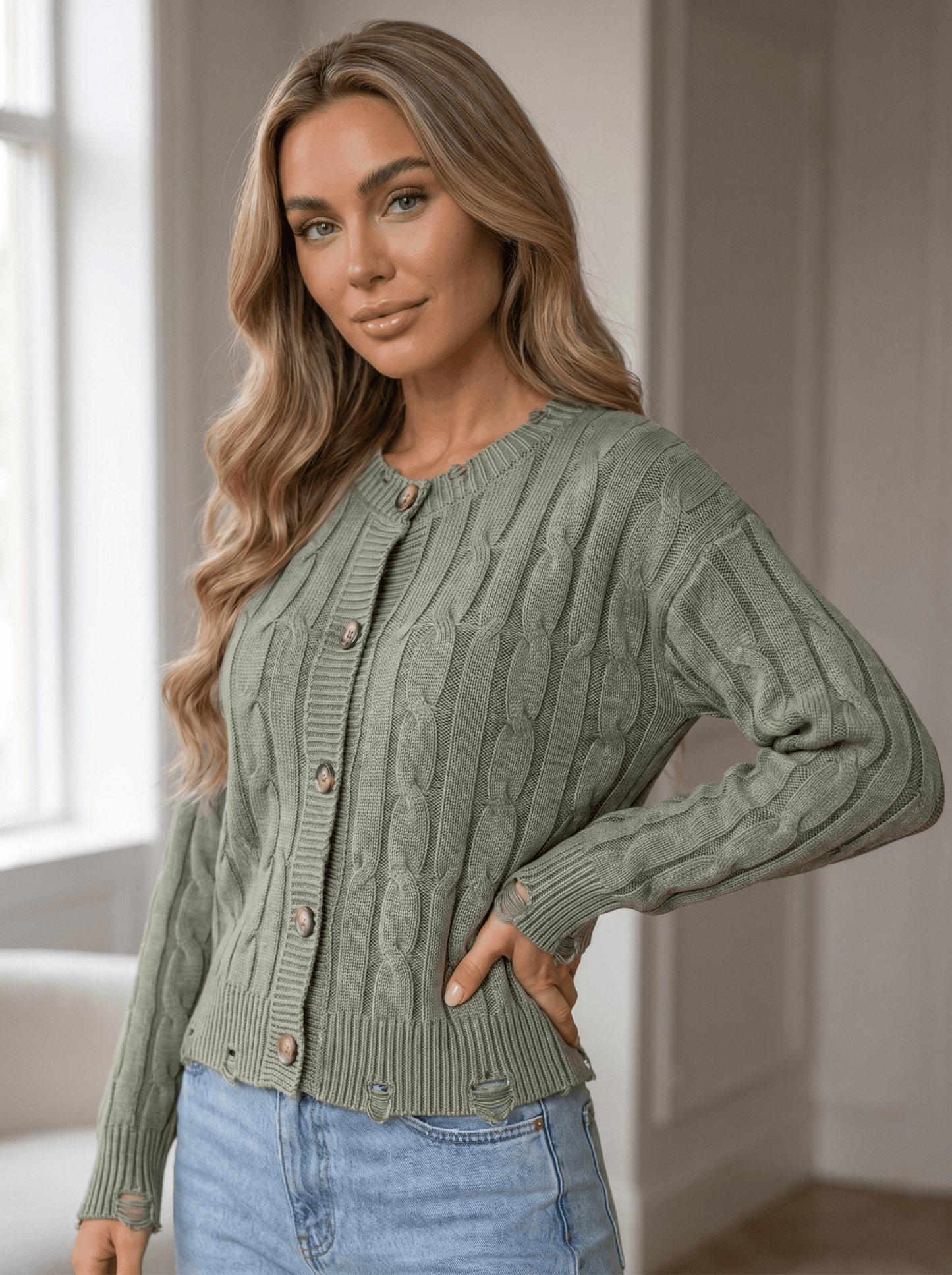 Distressed Cable Knit Cardigan - vencé