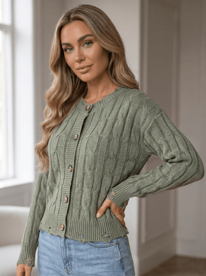 Distressed Cable Knit Cardigan - vencé