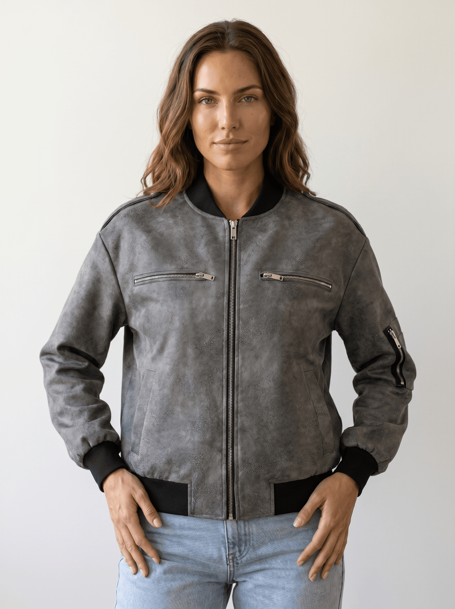 Distressed Faux Leather Bomber Jacket - vencé