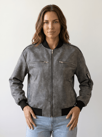 Distressed Faux Leather Bomber Jacket - vencé