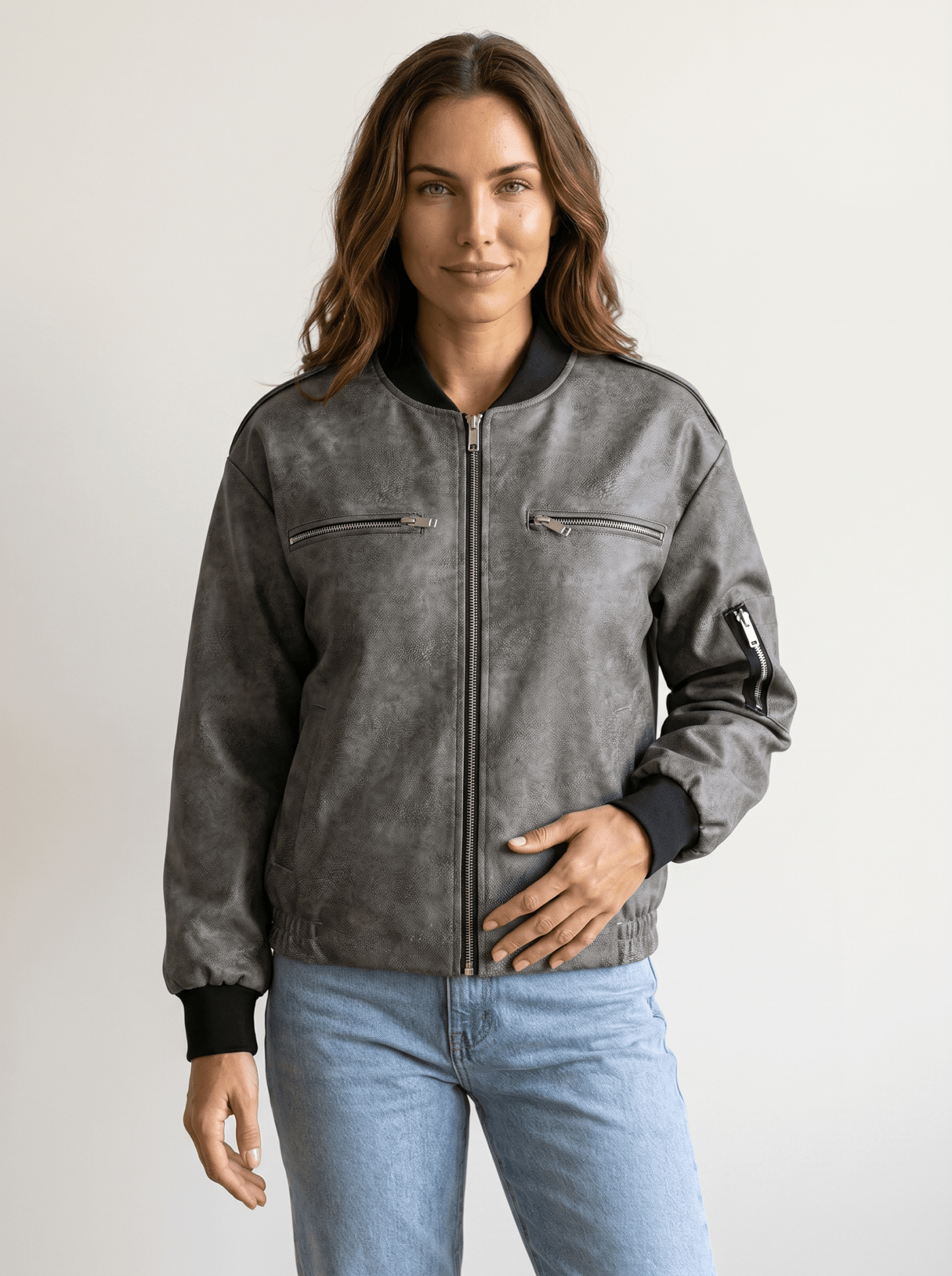 Distressed Faux Leather Bomber Jacket - vencé