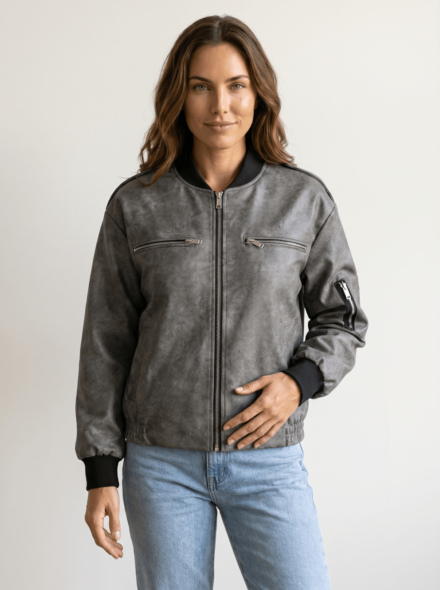Distressed Faux Leather Bomber Jacket - vencé
