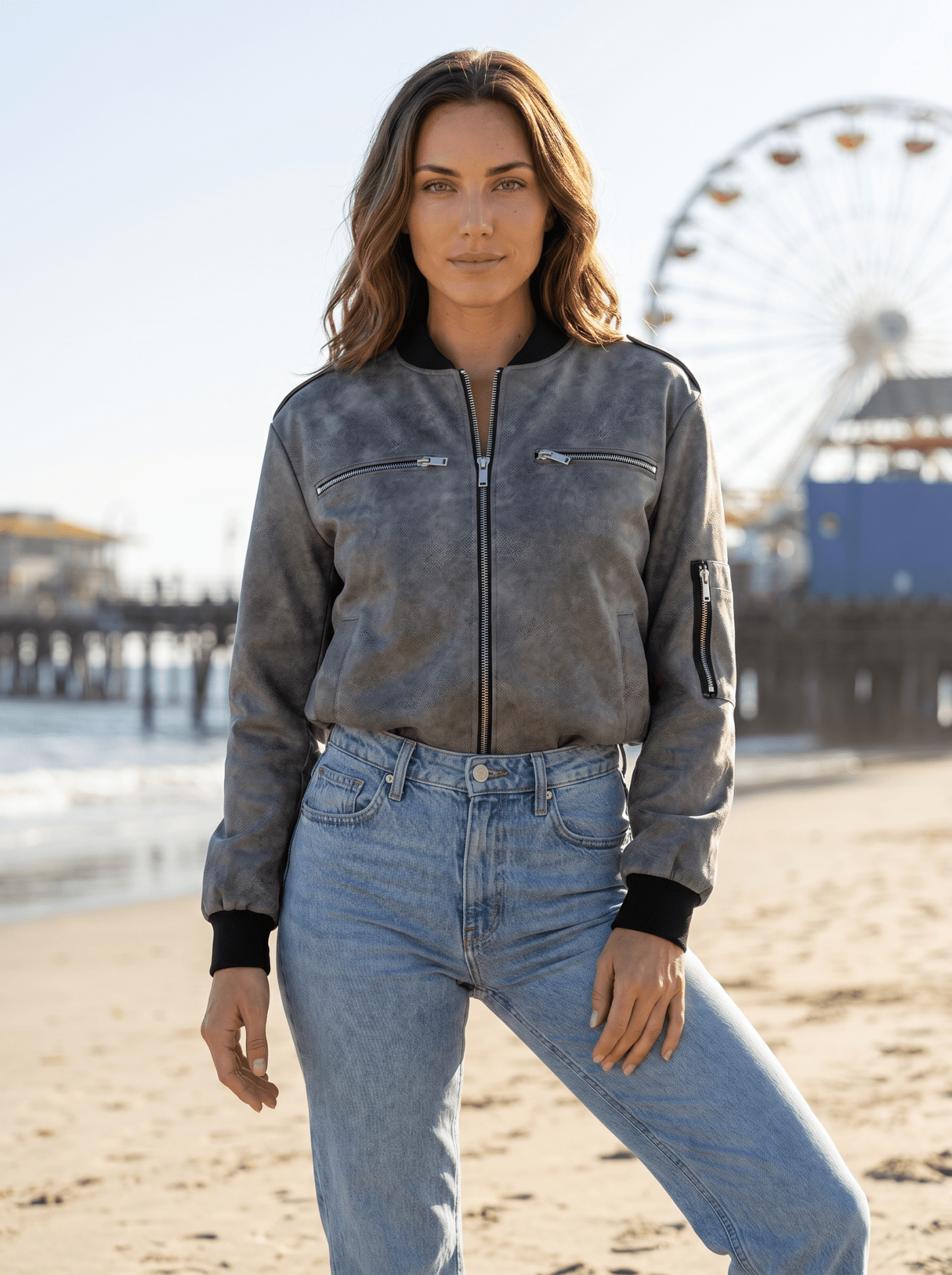 Distressed Faux Leather Bomber Jacket - vencé