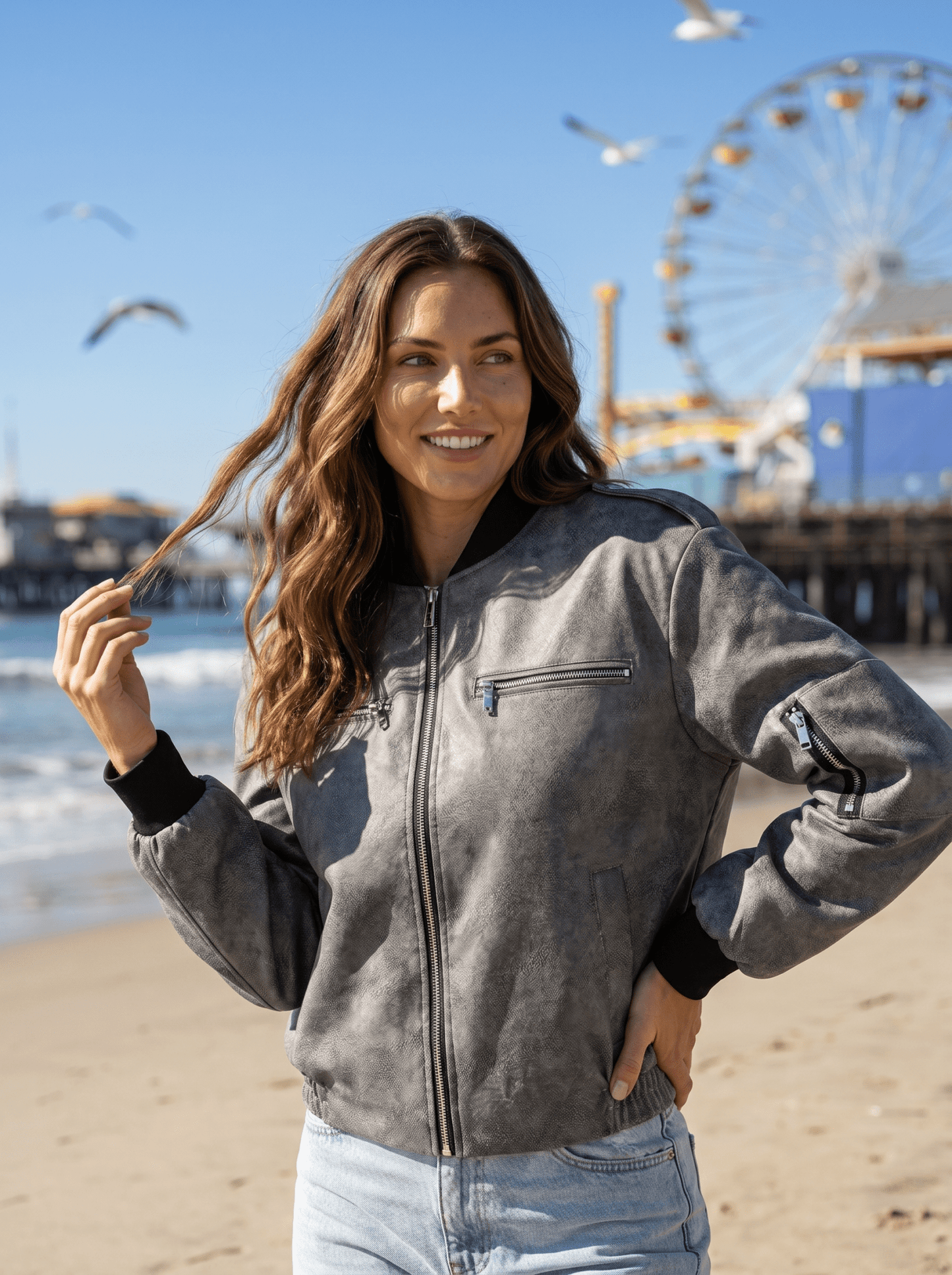 Distressed Faux Leather Bomber Jacket - vencé