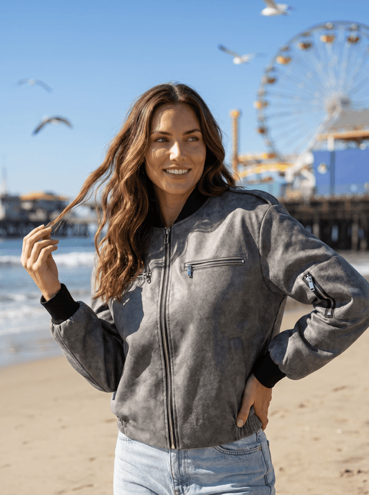 Distressed Faux Leather Bomber Jacket - vencé