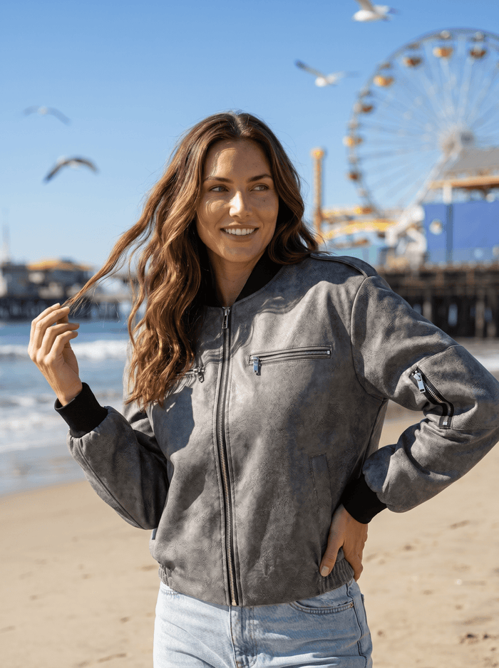Distressed Faux Leather Bomber Jacket