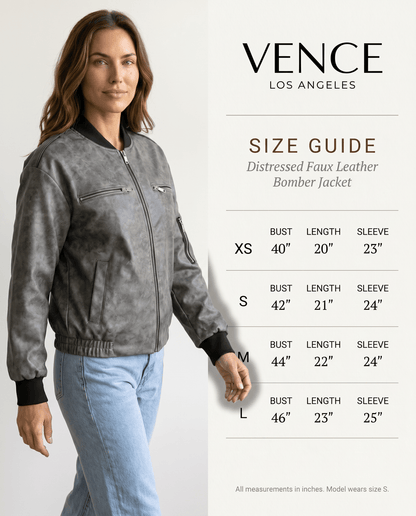 Distressed Faux Leather Bomber Jacket - vencé
