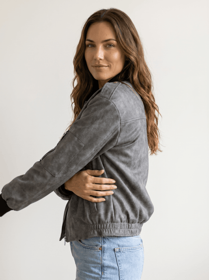 Distressed Faux Leather Bomber Jacket - vencé