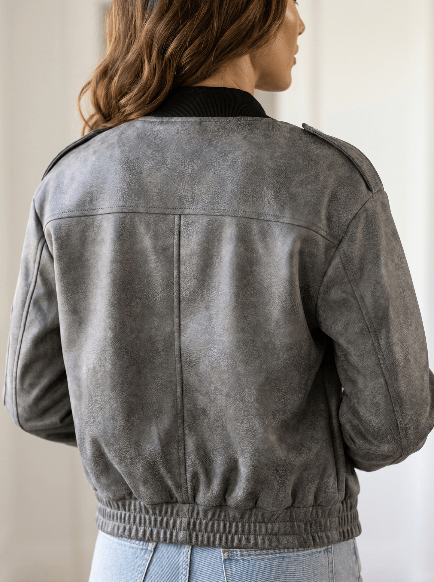 Distressed Faux Leather Bomber Jacket - vencé