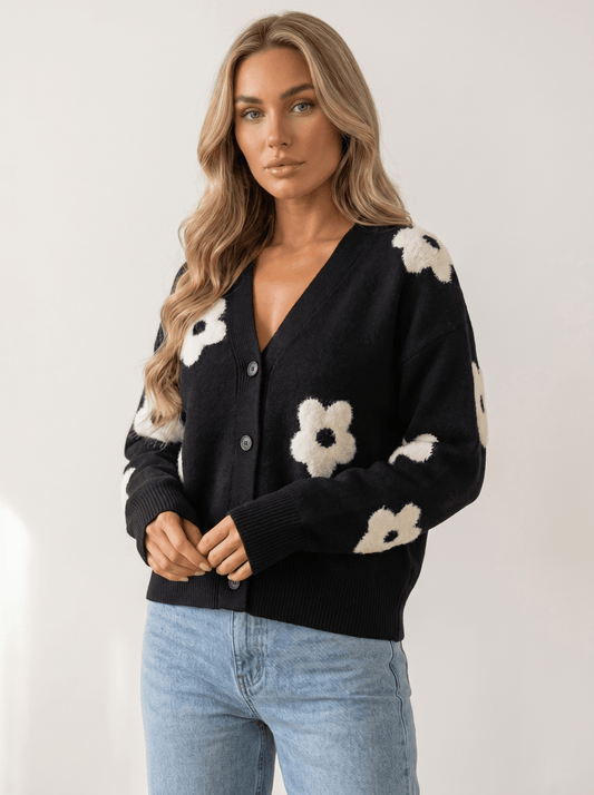 Floral V-Neck Single-Breasted Cardigan - vencé
