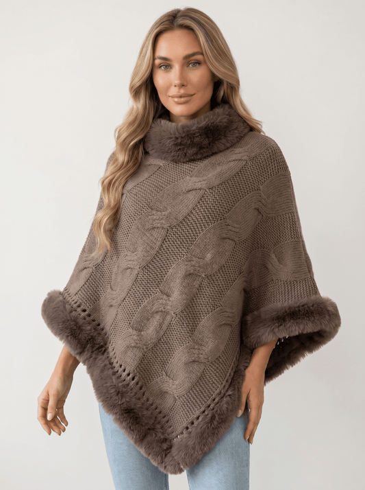 Fuzzy-Hem Cable Knit Poncho - vencé