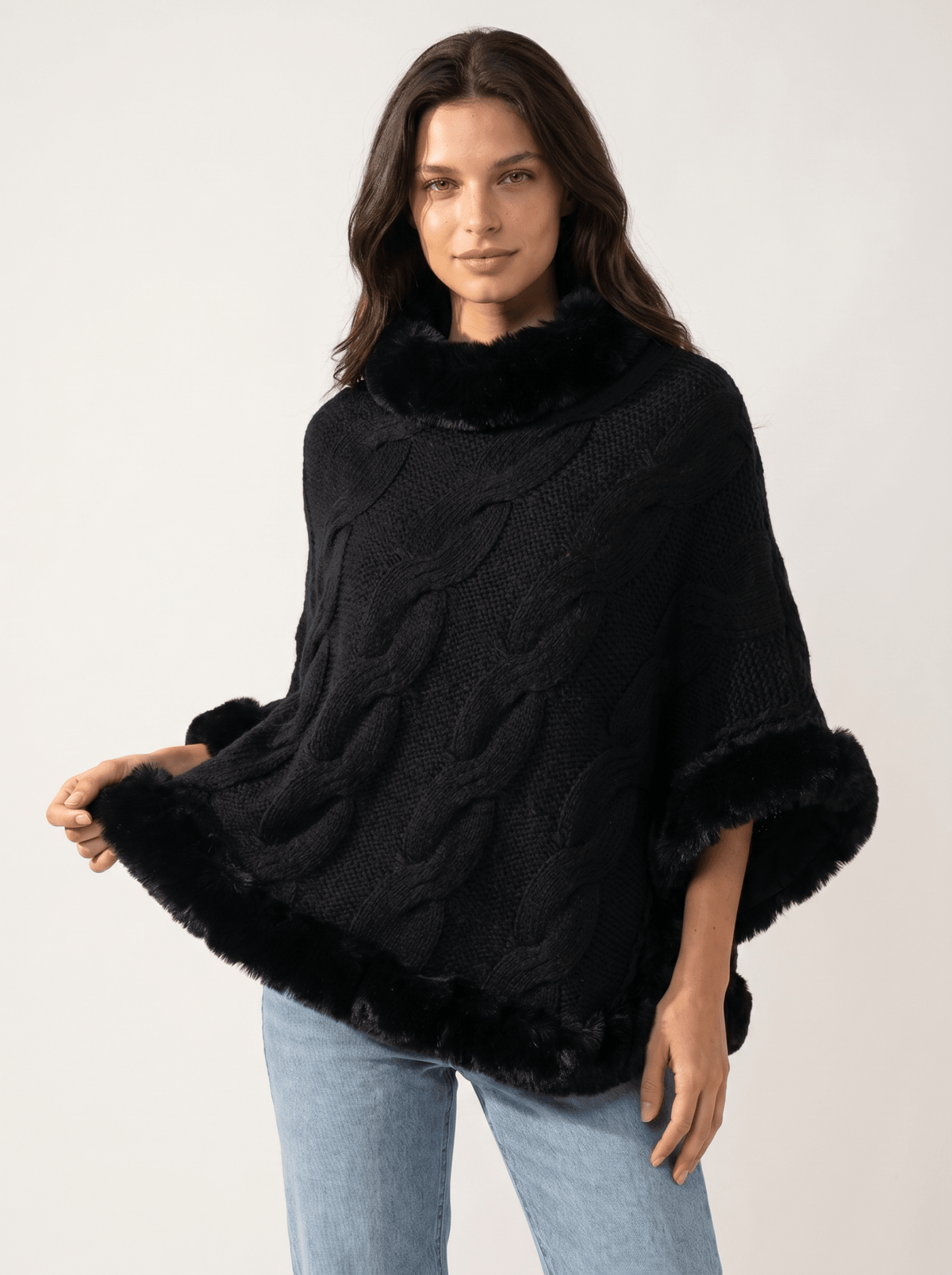 Fuzzy-Hem Cable Knit Poncho Cape - vencé