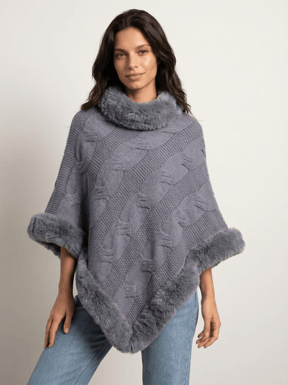 Fuzzy-Hem Cable Knit Poncho Cape - vencé
