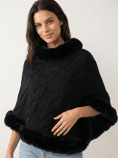 Fuzzy-Hem Cable Knit Poncho Cape - vencé
