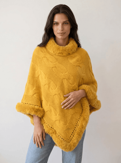 Fuzzy-Hem Cable Knit Poncho Cape - vencé